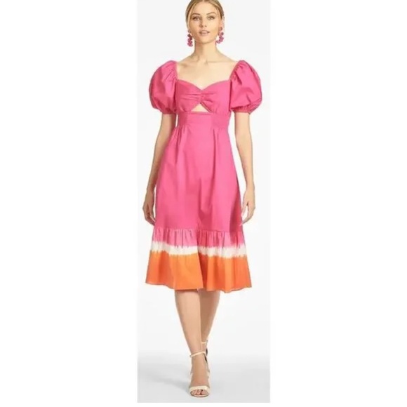 Pre-lived Sachin + Babi Vibrant Pink and Orange Bri Midi Dress Size 8 - Picture 3 of 7